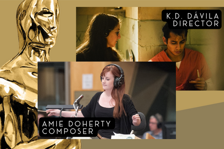 the background includes an academy award statuette. in-front are two photographs. top photo is of K.D Davila directing on set. The second image is of Amie Doherty conducting an orchestra.