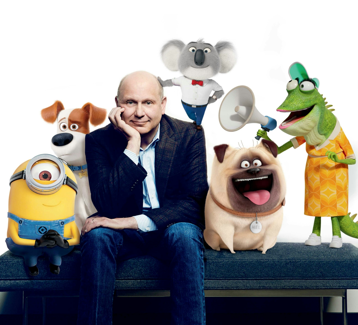 Illumination CEO, Chris Meledandri pictured sitting on a bench accompanied by iconic characters from Minions, Sing and Secret Life of Pets.