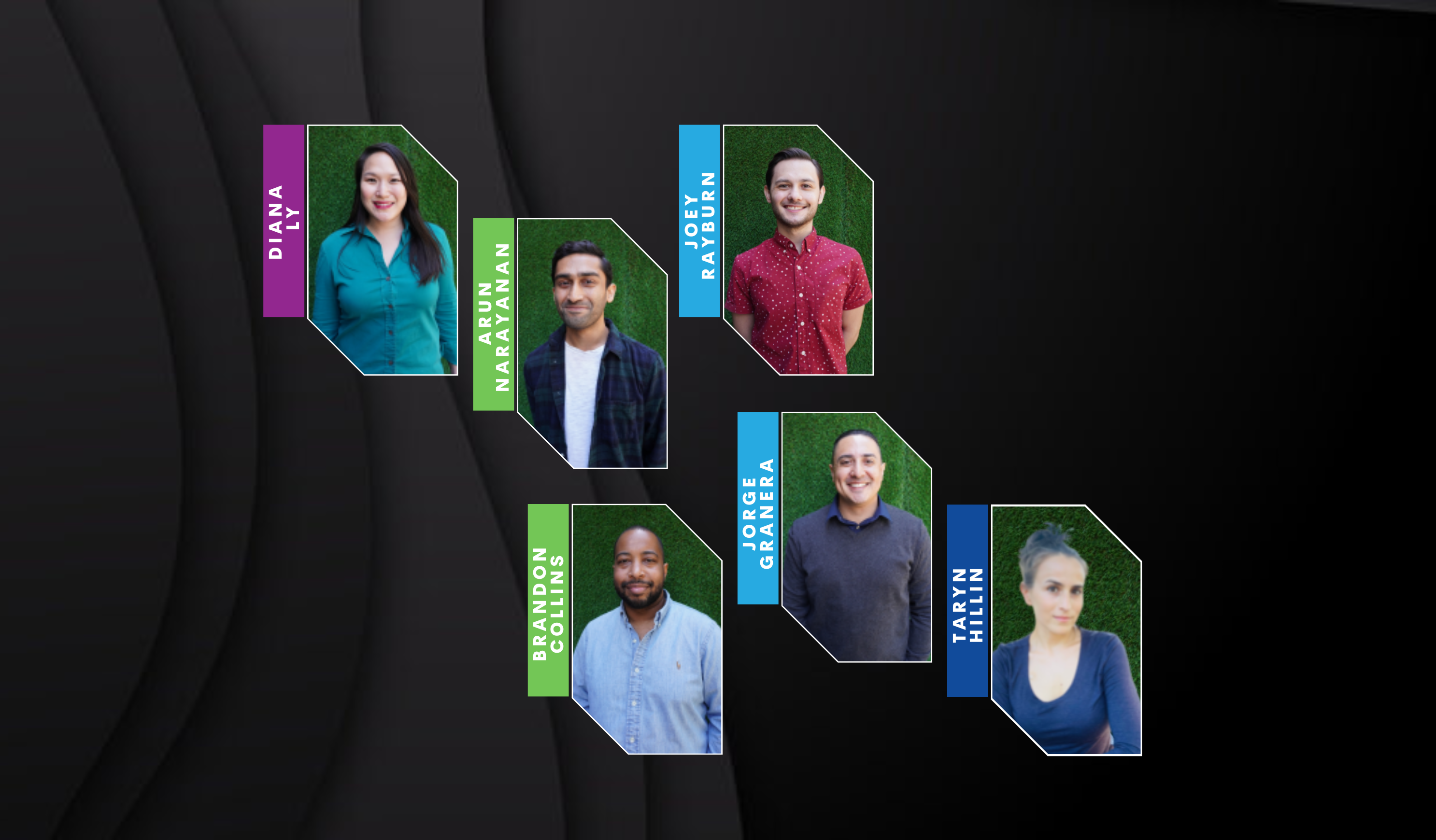 Six head shots of the Universal Writers Lab 2022 participants - (left to right) Brandon Collins, Jorge Granera, Taryn Hillin, Diana Ly, Arun Narayanan, Joey Rayburn