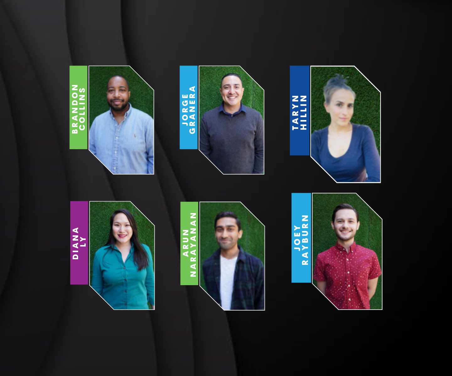 Six head shots of the Universal Writers Lab 2022 participants - (left to right) Brandon Collins, Jorge Granera, Taryn Hillin, Diana Ly, Arun Narayanan, Joey Rayburn
