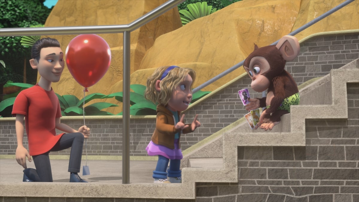 Animated image of Dave the deaf chimp using American sign language to communicate with characters on Madagascar: A Little Wild.
